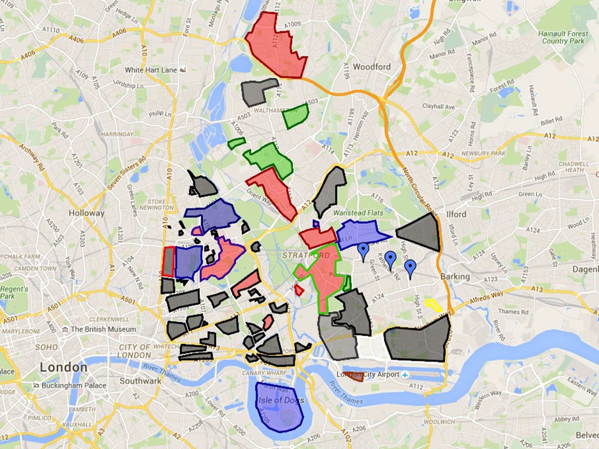 Territories "controlled" by east London gangs