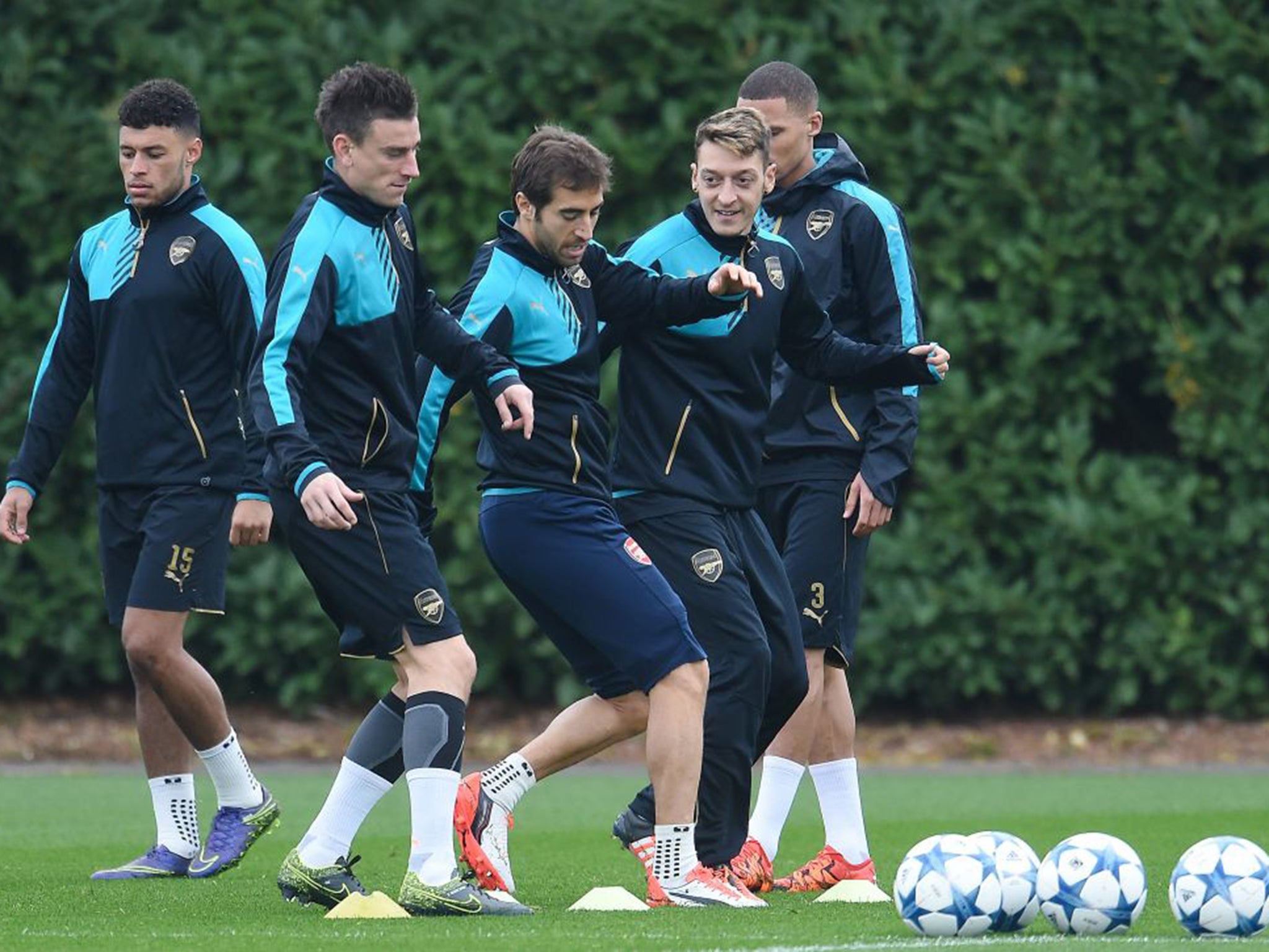 Arsenal’s German midfielder Mesut Özil, second from right, prepares to face his country’s finest at the Emirates