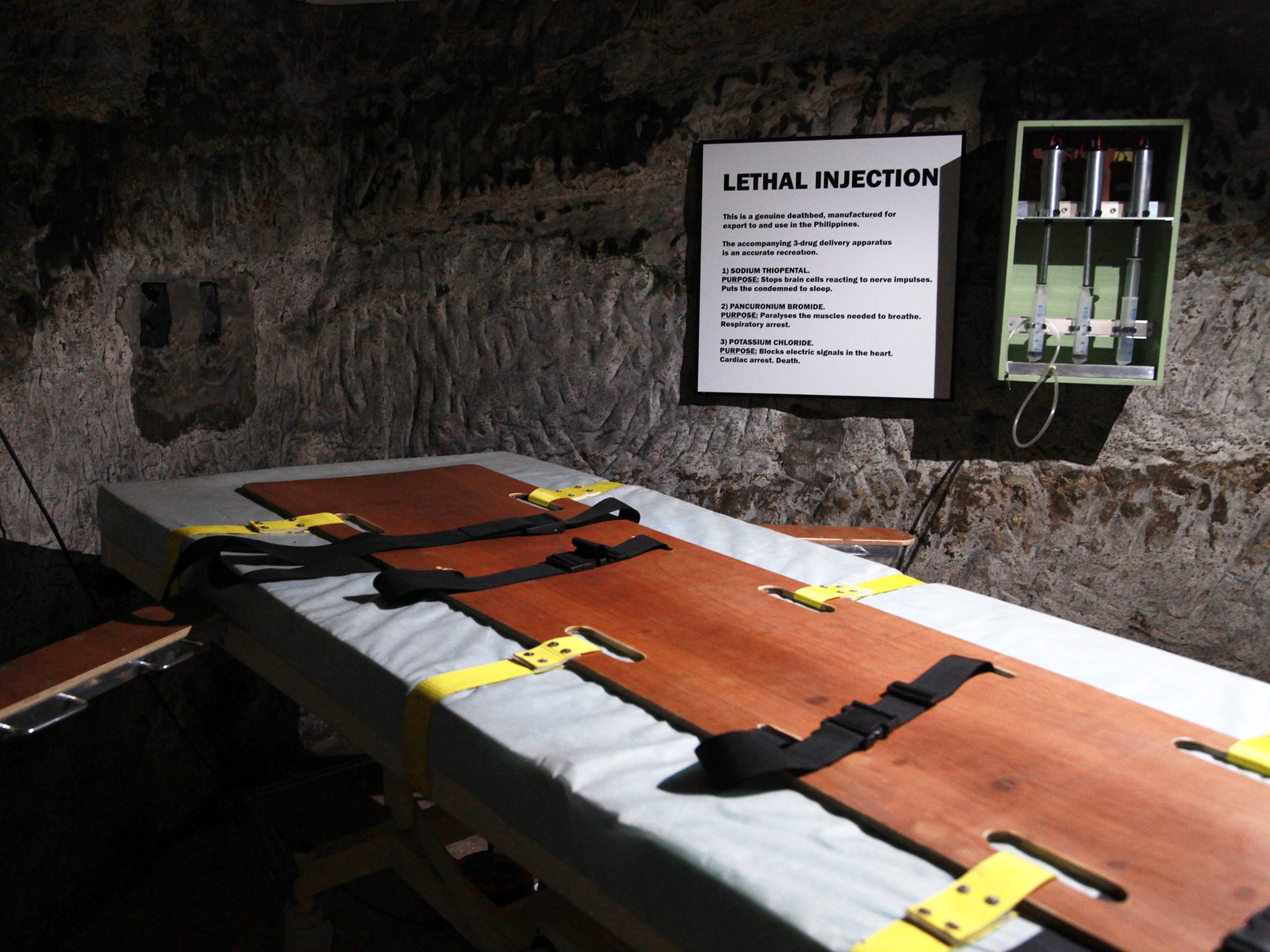 A lethal injection death bed on display at the True Crime museum in Hastings, UK. Ohio has run out of supplies of lethal injection drugs and has suspended all executions