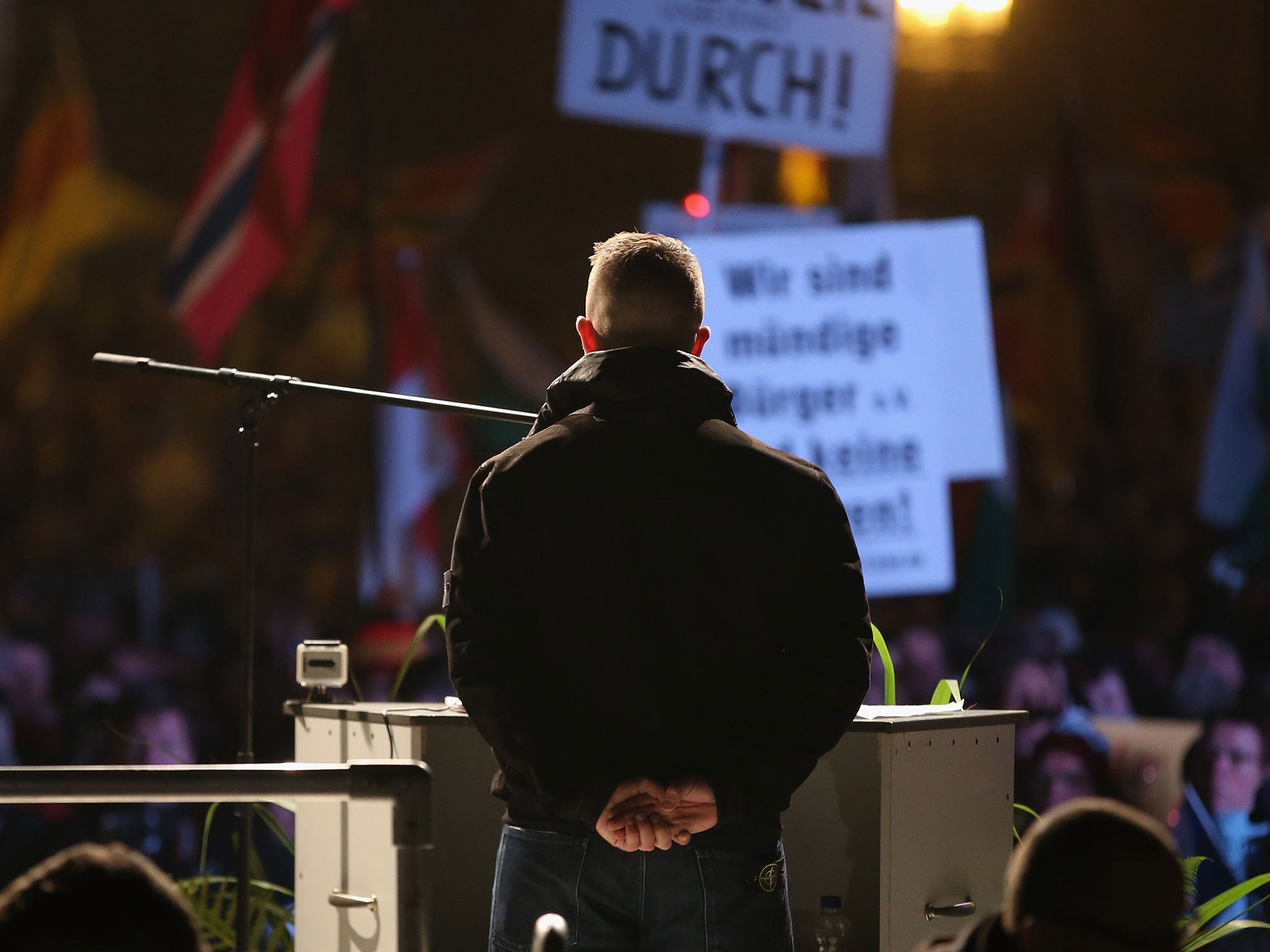 Tommy Robinson addressing Pegida supporters in Dresden on 19 October