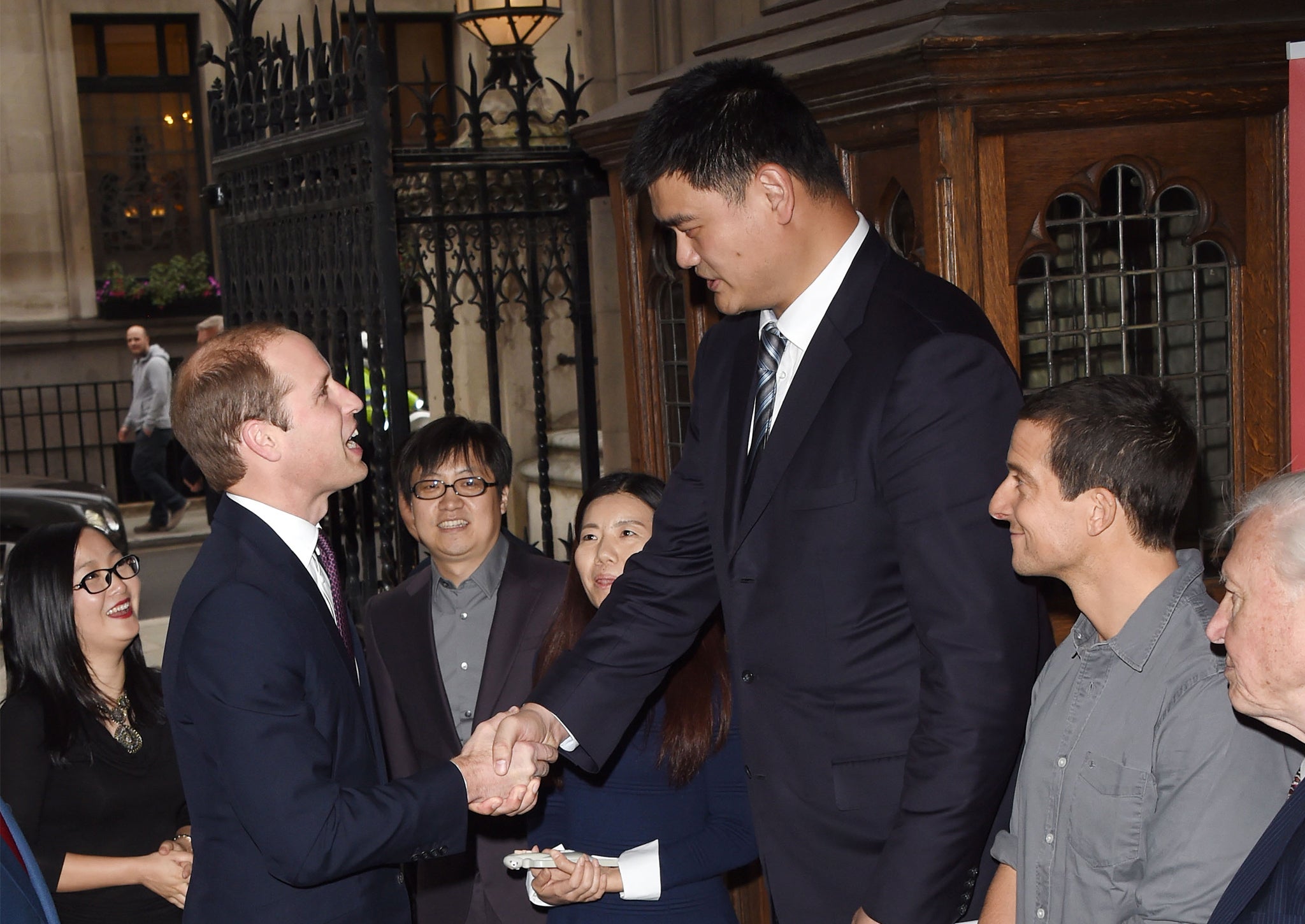 Prince William meets Yao Ming, Bear Grills and Sir David Attenborough before delivering a speech on the illegal wildlife Trade For Chinese Television at King's College London on October 19, 2015