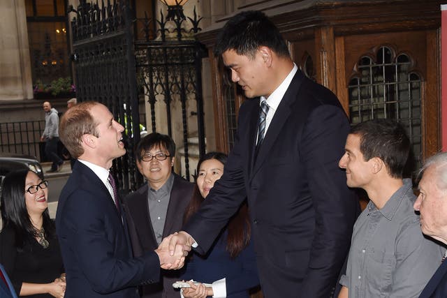 Prince William meets Yao Ming, Bear Grills and Sir David Attenborough before delivering a speech on the illegal wildlife Trade For Chinese Television at King's College London on October 19, 2015