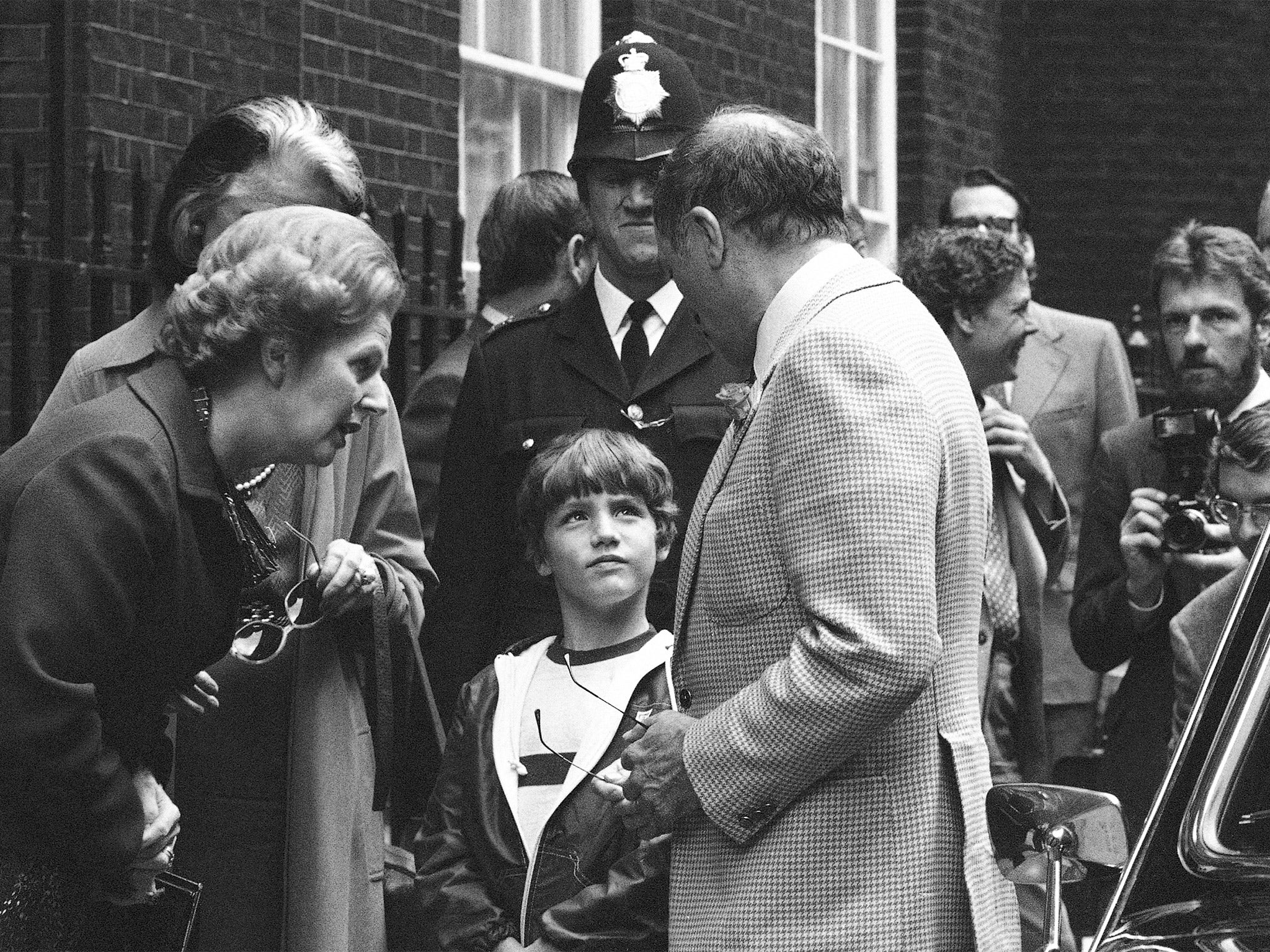 Justin, aged eight, and his father Pierre meet Margaret Thatcher in Downing Street in 1980