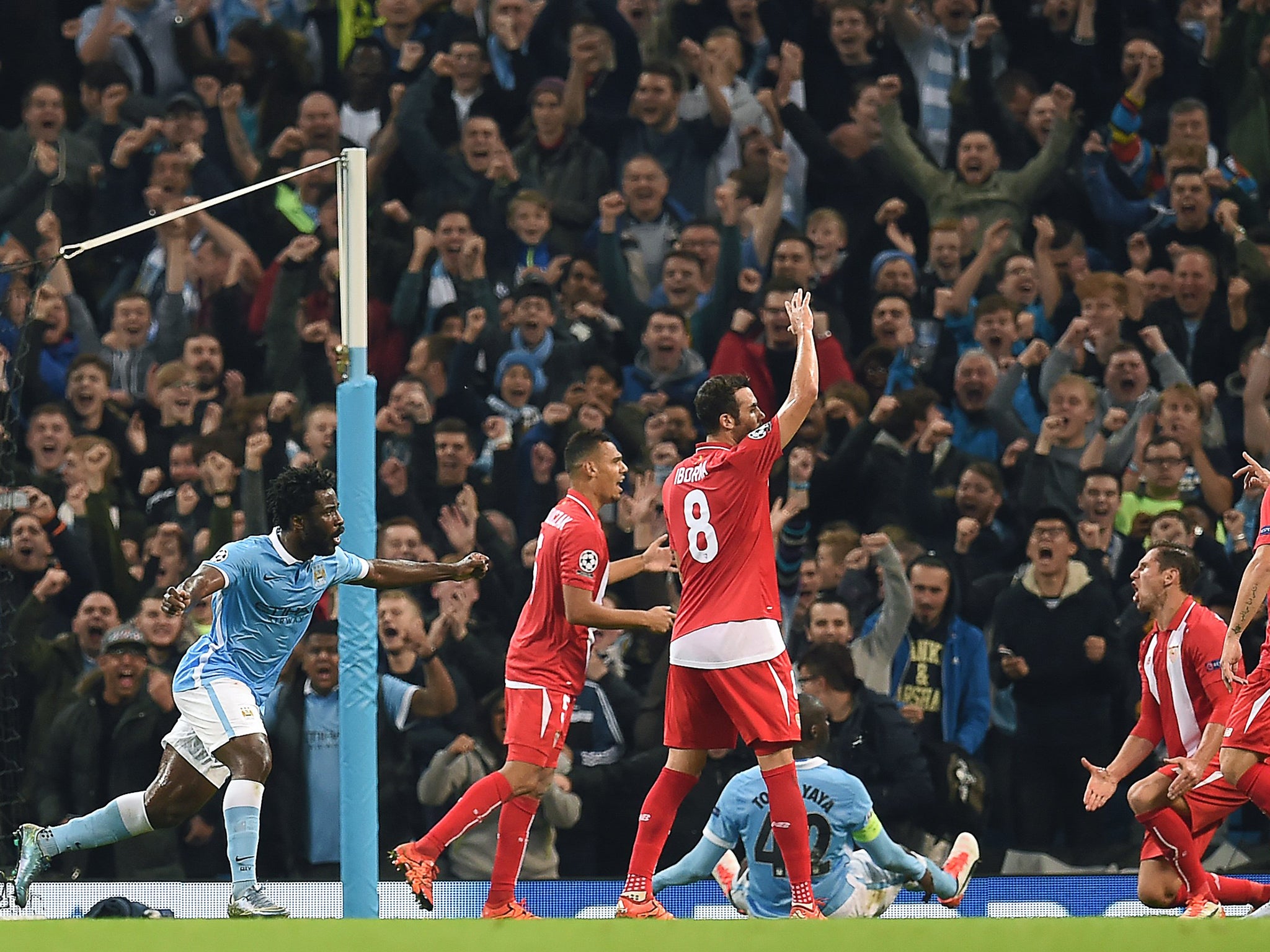 
Wilfried Bony celebrates but it was an Adil Rami own goal 