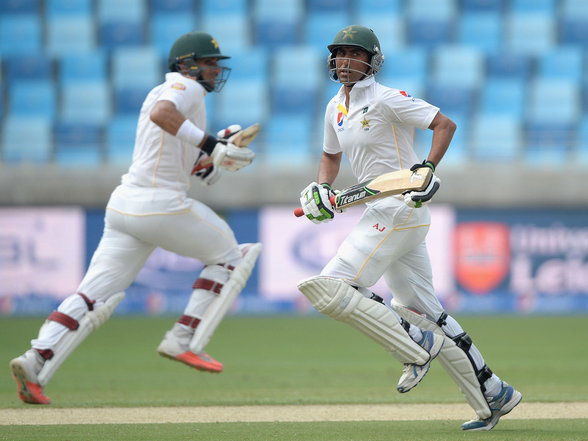 Pakistan captain Misbah-ul-Haq and Younis Khan run between the wickets on day one of the Second Test with England