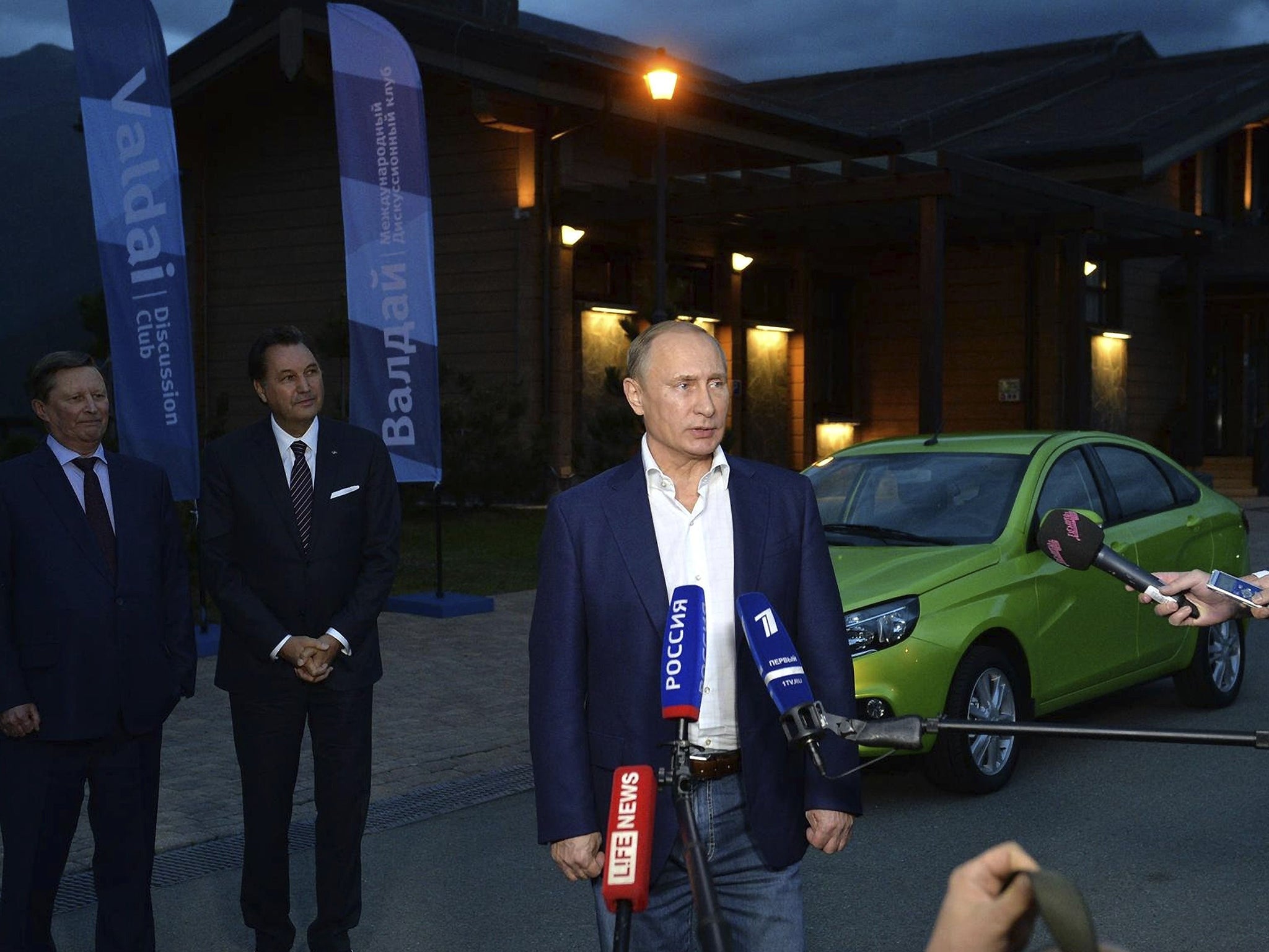 &#13;
Vladimir Putin speaking to the media after the unveiling of the new Russian-built Lada Vesta car in Sochi &#13;