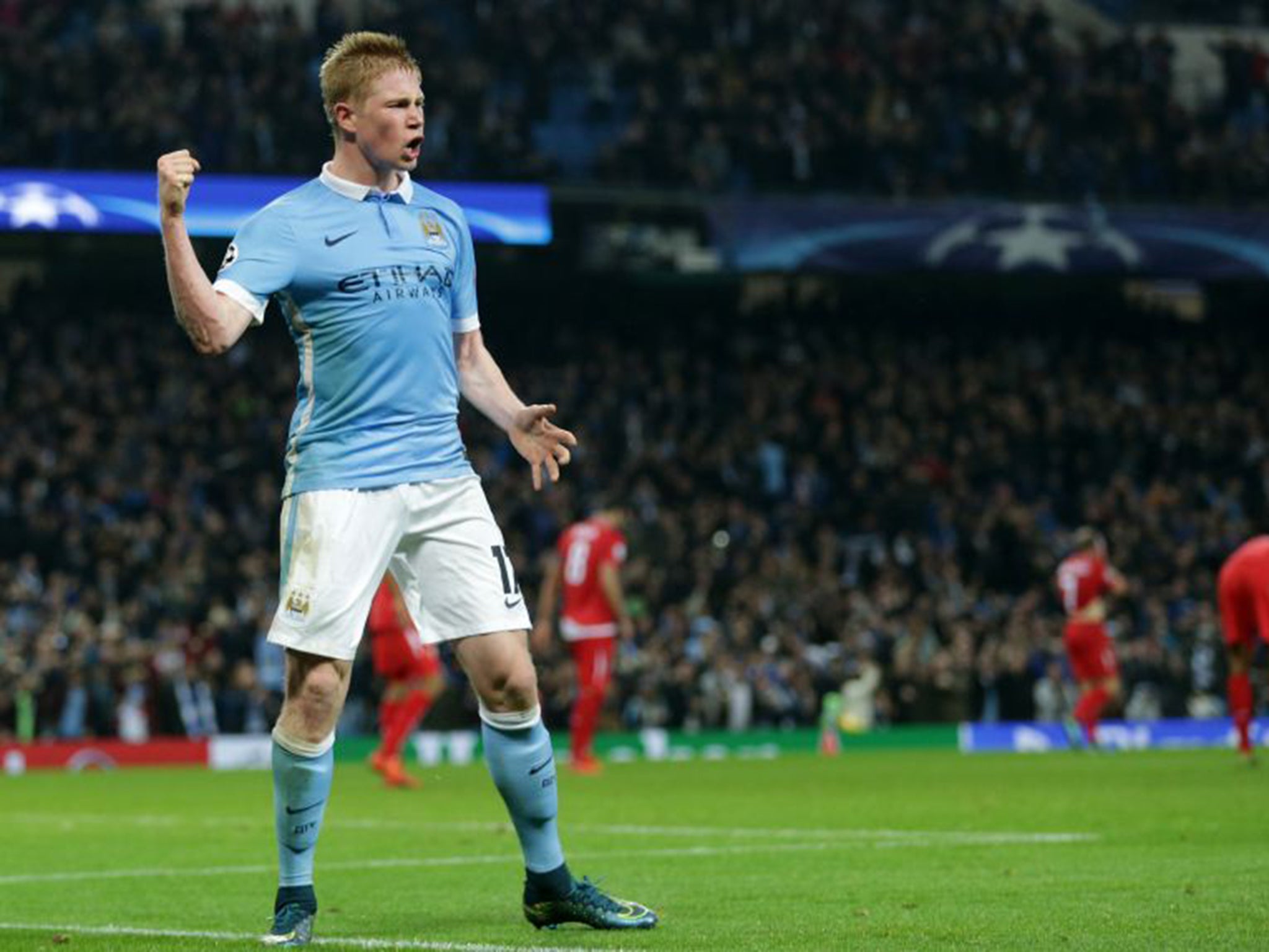 Kevin De Bruyne celebrates after his late goal against Sevilla gave Manchester City a 2-1 win on Wednesday