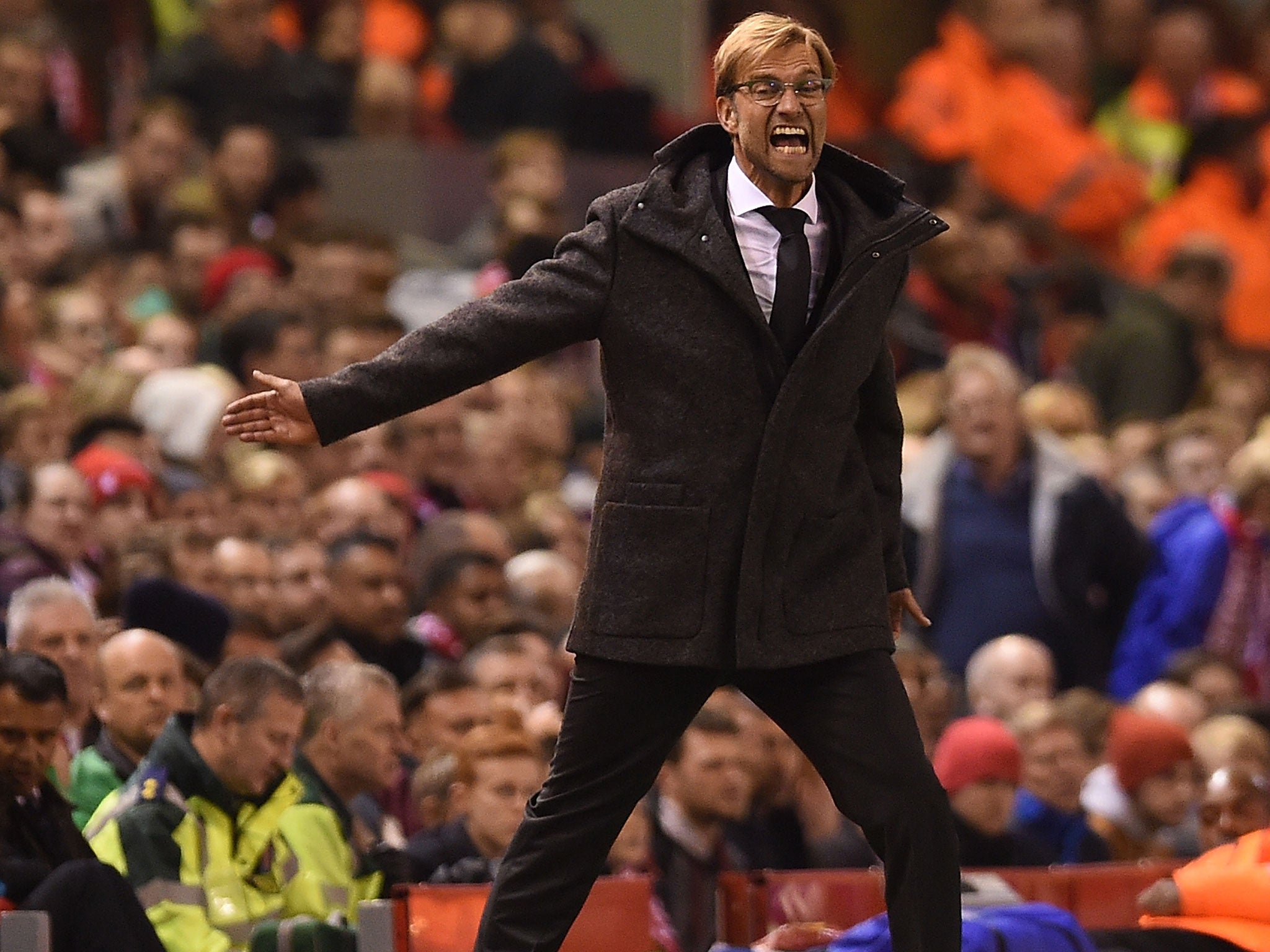 Liverpool manager Jurgen Klopp reacts on the sideline during the 1-1 draw with Rubin Kazan