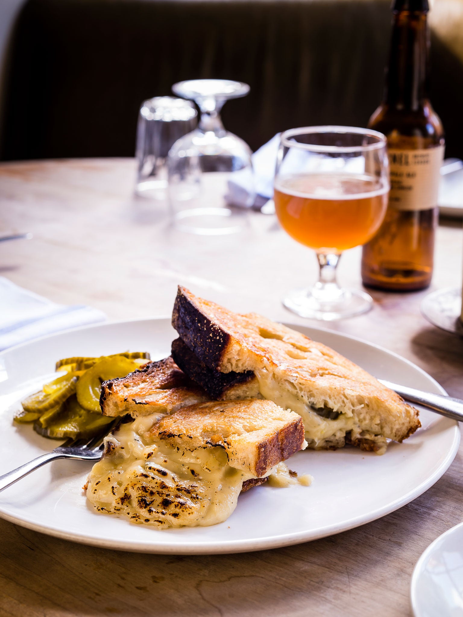 Grilled beer cheese sandwich with bread-and-butter pickles