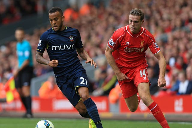 Liverpool's Jordan Henderson pursues Southampton's Ryan Bertrand in last season's fixture at Anfield