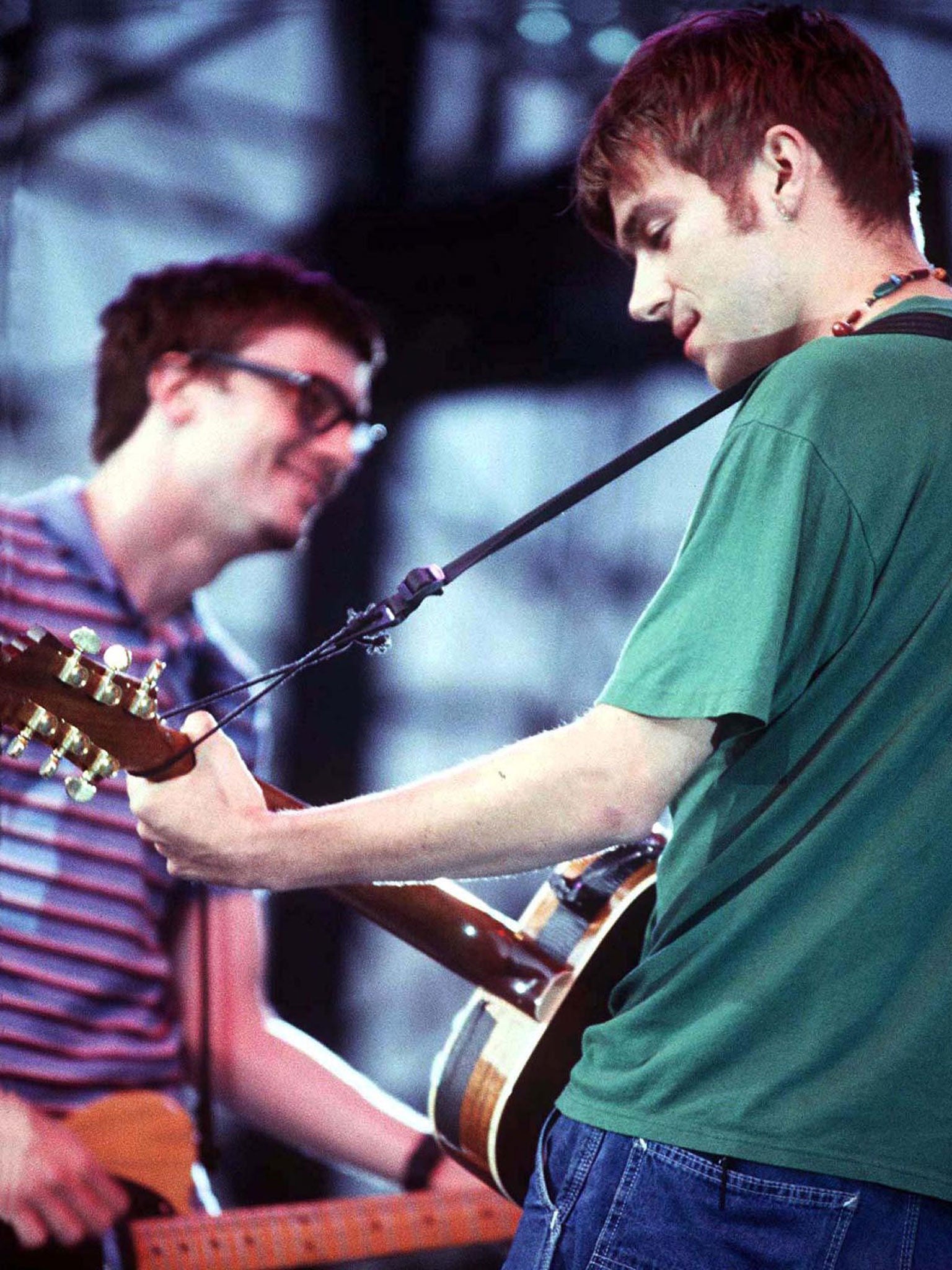 Damon Albarn and Graham Coxon of Blur on stage in 1997 (Rex)