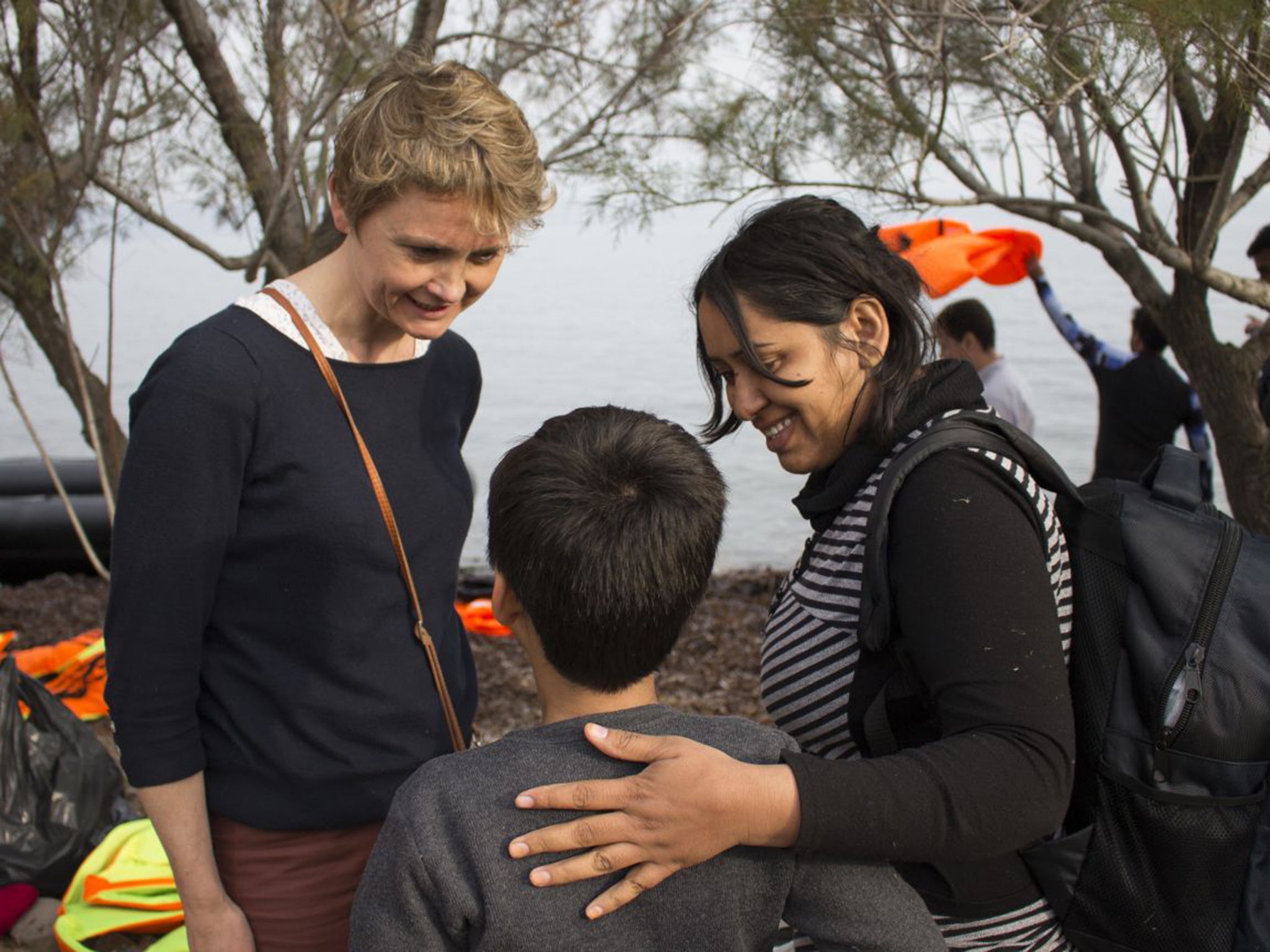 Yvette Cooper meeting refugees in Lesbos