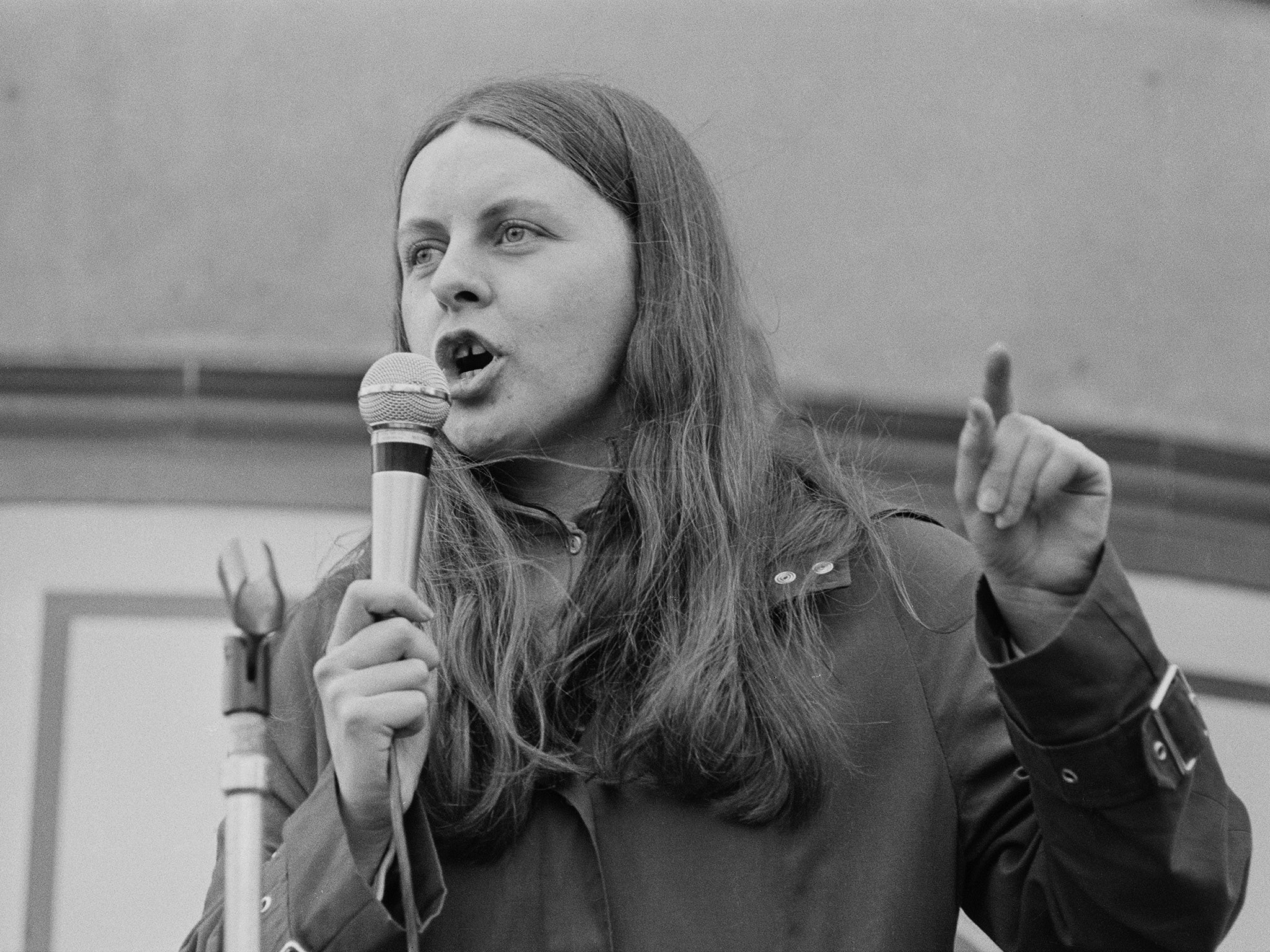Bernadette Devlin speaking at a rally to protest against the British government's policy of internment in Northern Ireland in 1972