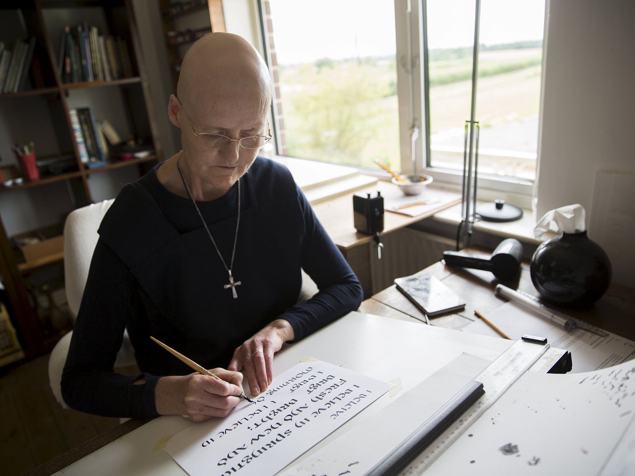 Sister Rachel Denton, in her end-of-terrace St Cuthbert’s Hermitage, earns a traditional monastic living with her online calligraphy business