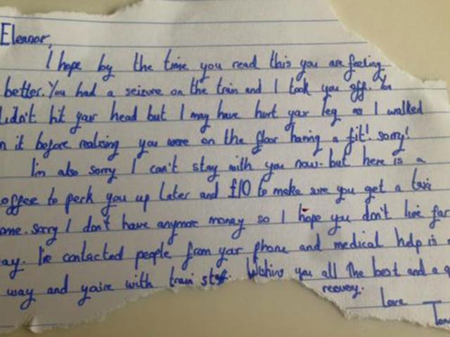 Ellie Farnfield awoke to find this note, a cup of coffee and £10 for a taxi left by a kind stranger