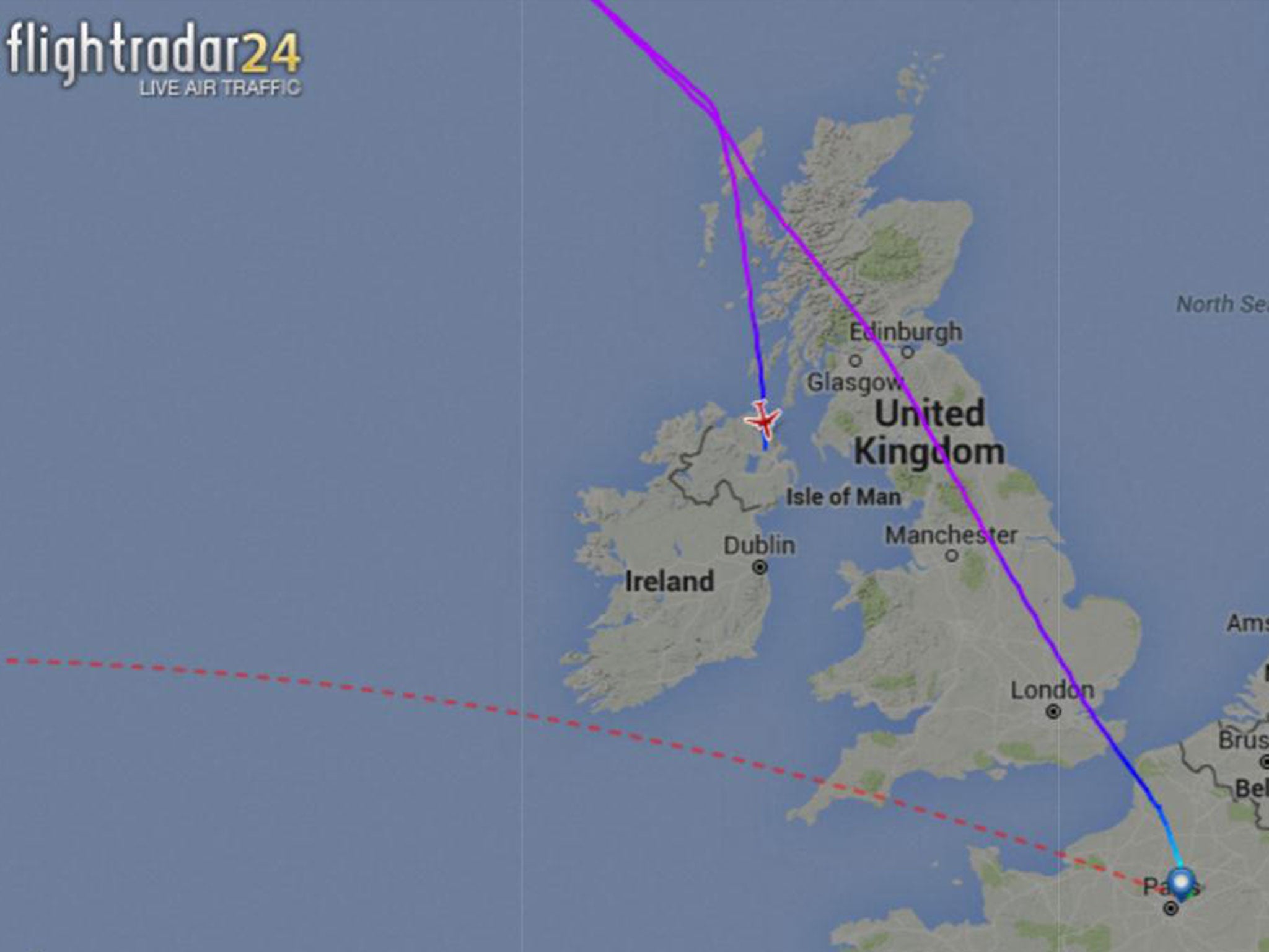 Flightradar24 data showed the plane turning round over the Atlantic Ocean and heading towards Dublin