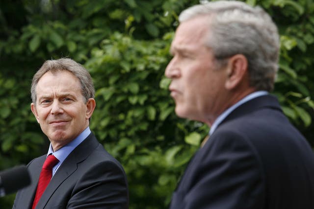 Tony Blair holding a joint press conference with President George W. Bush in the Rose Garden of the White House, his final visit before he resigned in June 2007