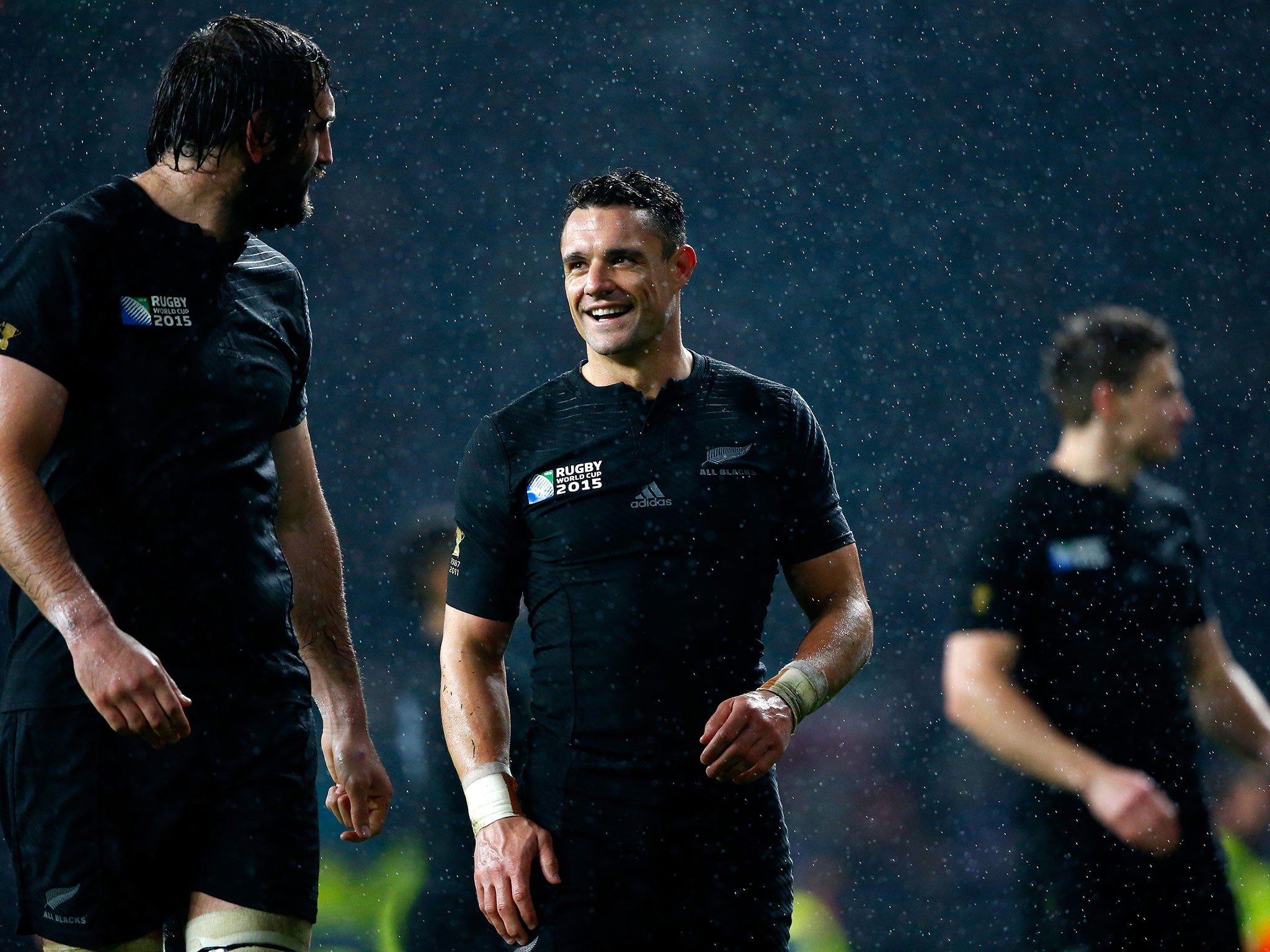 New Zealand fly-half Dan Carter smiles after beating South Africa 20-18