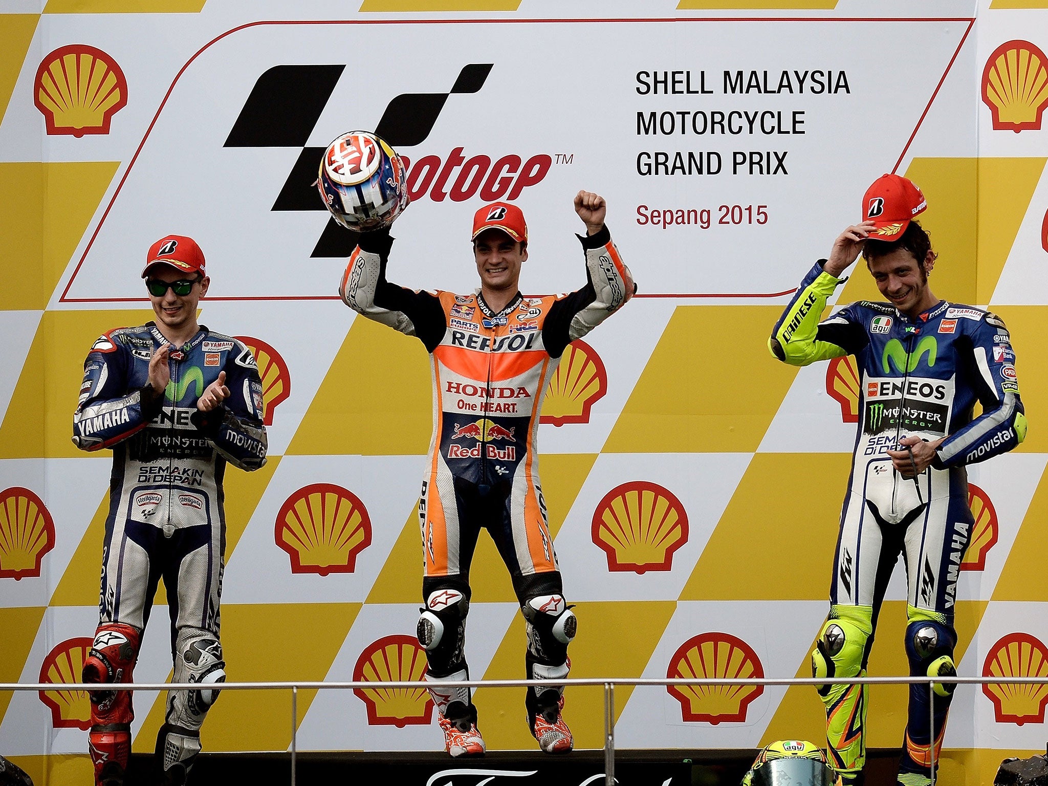 Dani Pedrosa celebrates winning the Malaysian Grand Prix