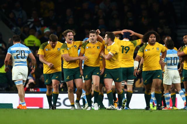 Australia celebrate Adam Ashley-Cooper's third try