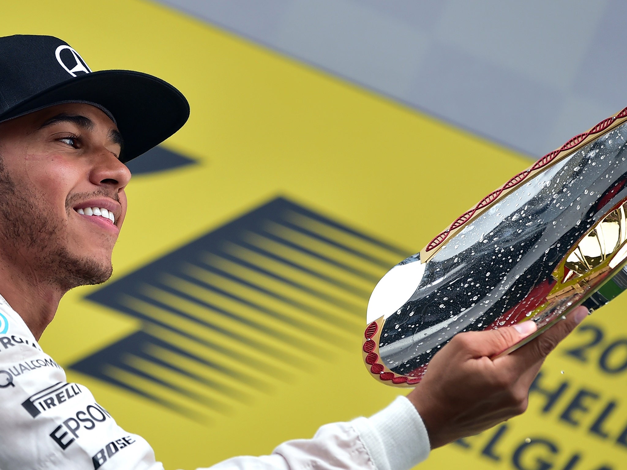 Lewis Hamilton celebrates his Belgium Grand Prix triumph