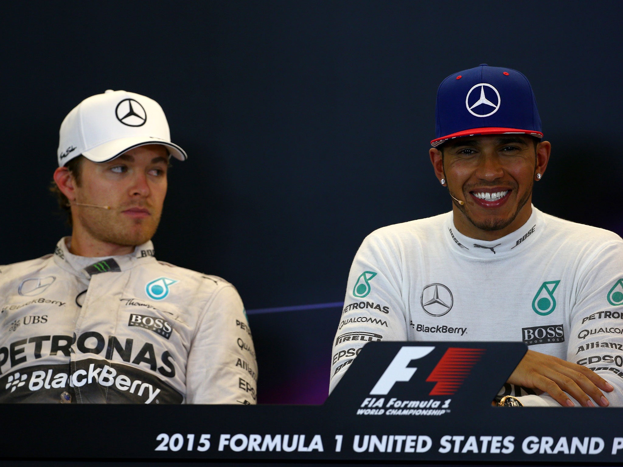 Nico Rosberg glares at Lewis Hamilton after the US Grand Prix