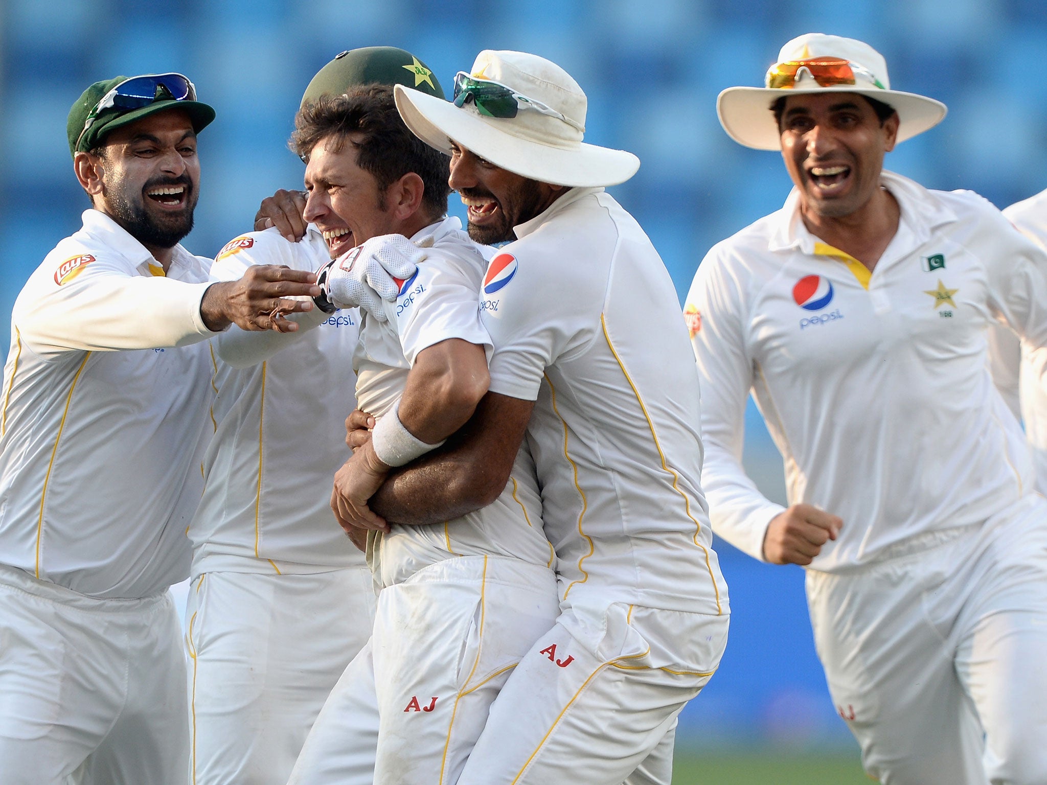 Yasir Shah celebrates the wicket of Adil Rashid to win the second Test for Pakistan