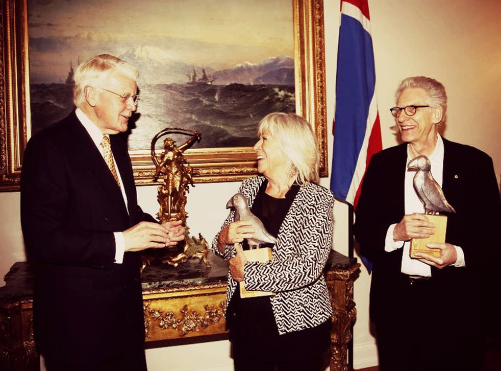 Filmmakers David Cronenberg and Margarethe von Trotta are presented with honorary, lifetime award silver “puffins” by the Icelandic President,  Ólafur Ragnar Grímsson during the Reykjavik Film Festival.