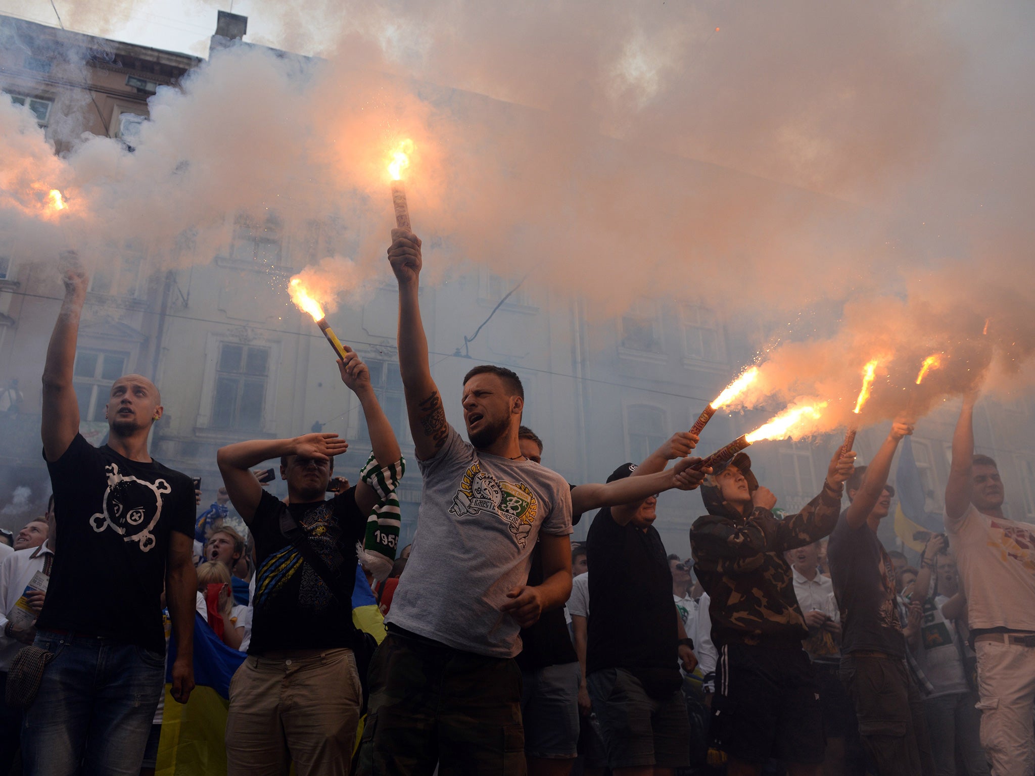 Dynamo Kiev fans on a political march in 2014