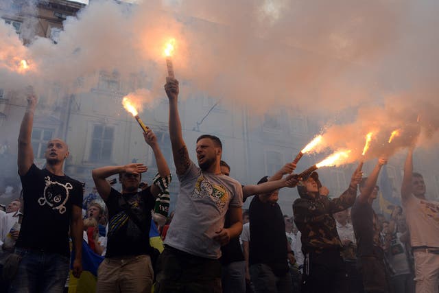 Dynamo Kiev fans on a political march in 2014