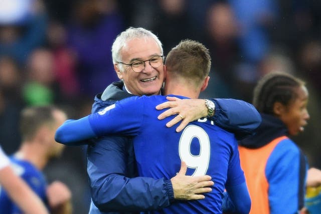 Leicester City boss Claudio Ranieri embraces Jamie Vardy, the club's man-in-form