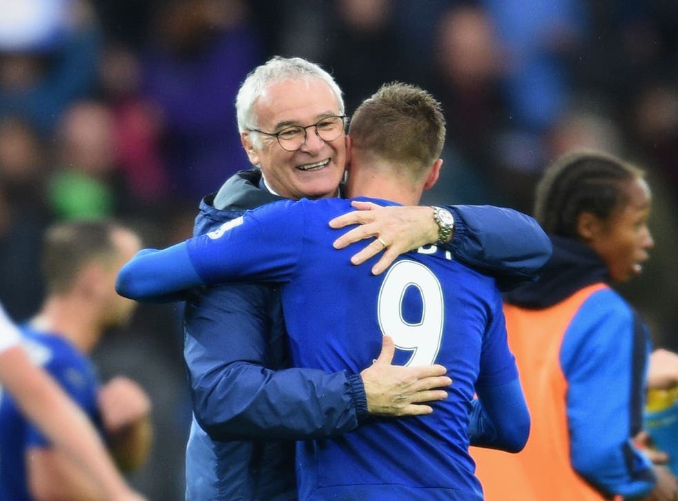 Leicester City boss Claudio Ranieri embraces Jamie Vardy, the club's man-in-form