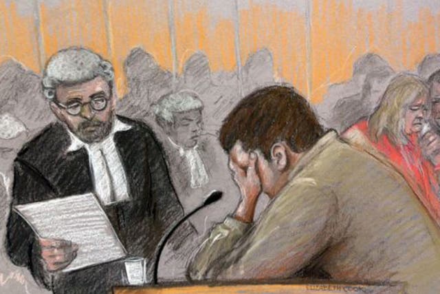 Court artist sketch by Elizabeth Cook of Nathan Matthews crying in the dock