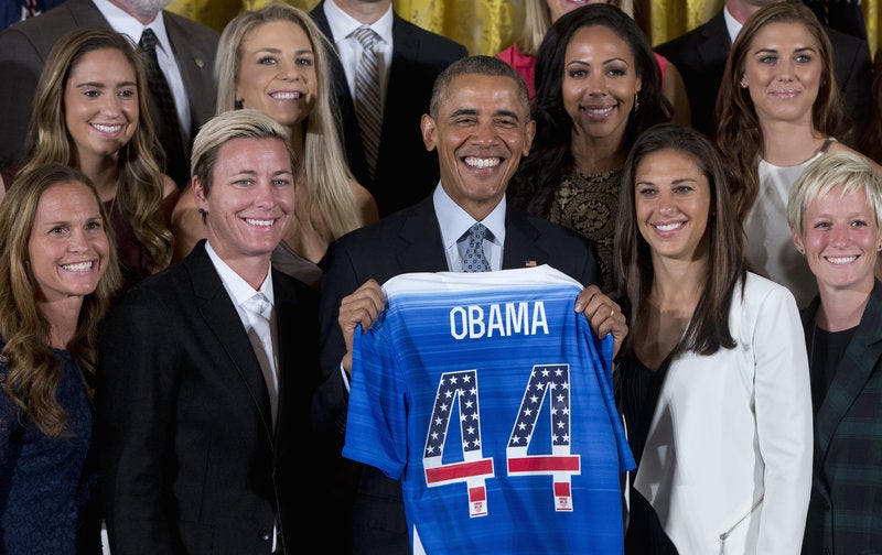 Obama kicks it (yup) with the US Women's National Soccer Team.