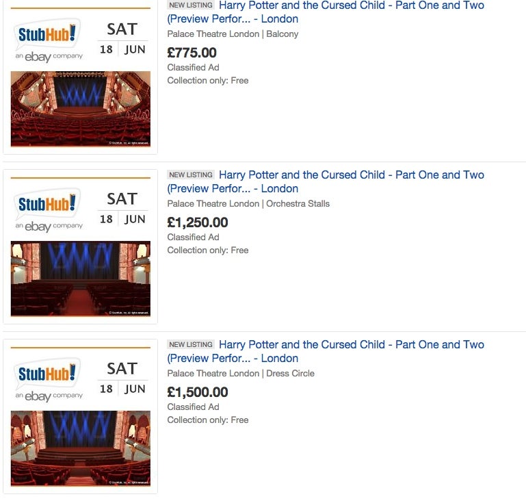 Screen shot of Ebay selling Harry Potter tickets