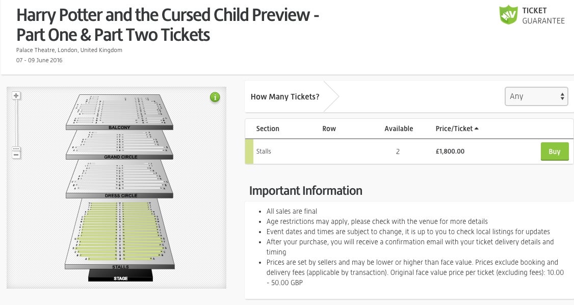 Screenshot of Viagogo selling tickets to Harry Potter and the Cursed Child