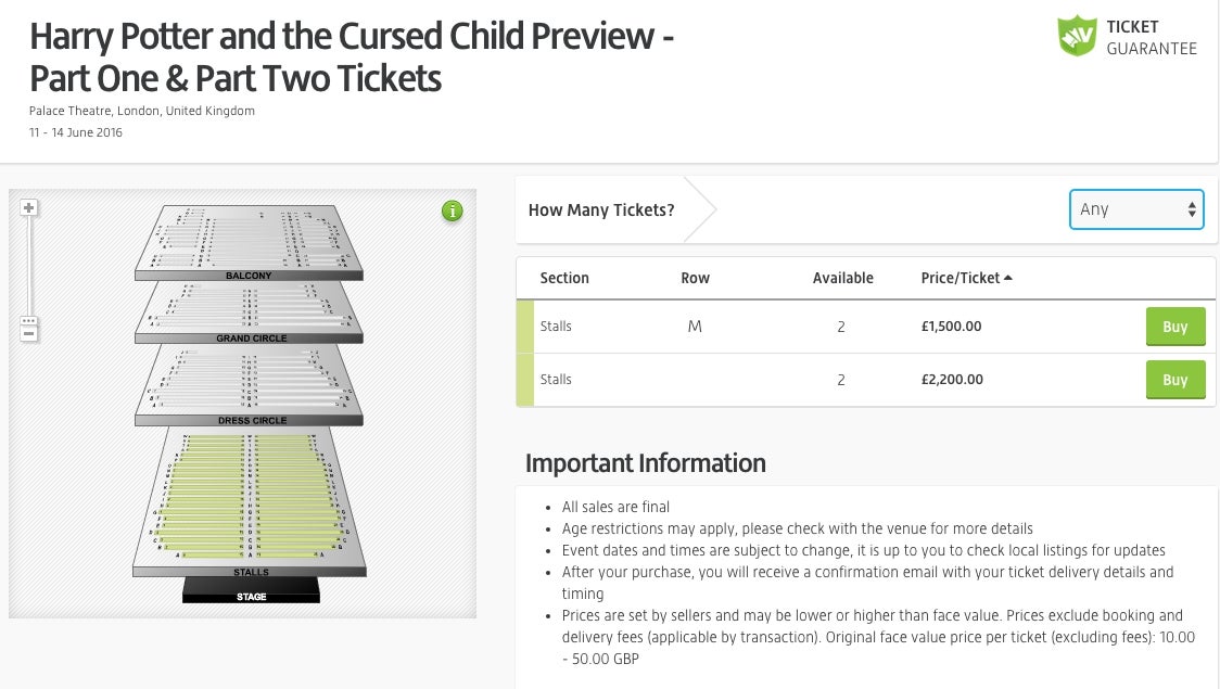 Screenshot of Viagogo selling tickets to Harry Potter and the Cursed Child
