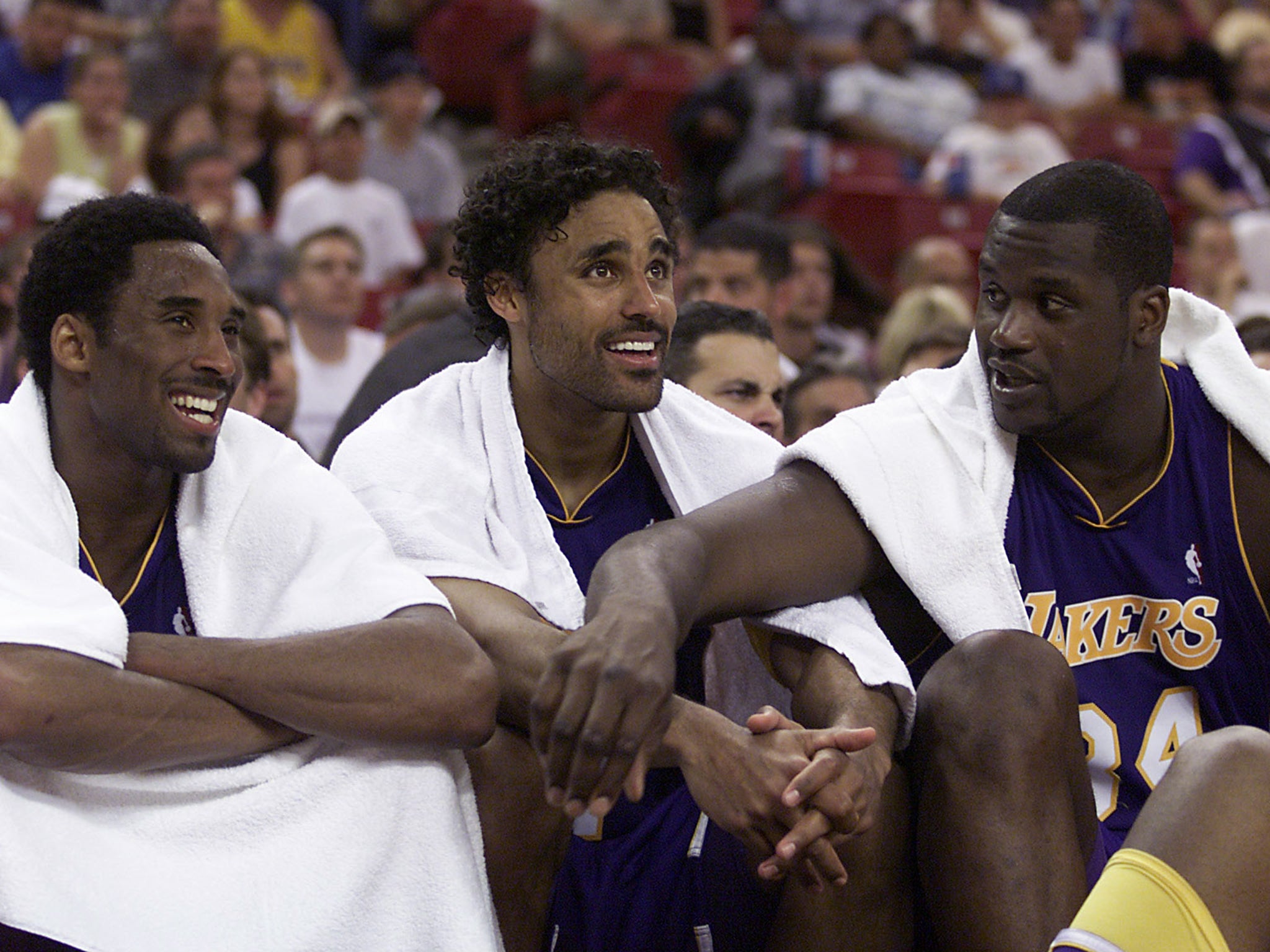 Rick Fox (centre) won three NBA titles with the Lakers alongside Kobe Bryant (left) and Shaquille O'Neal (right)