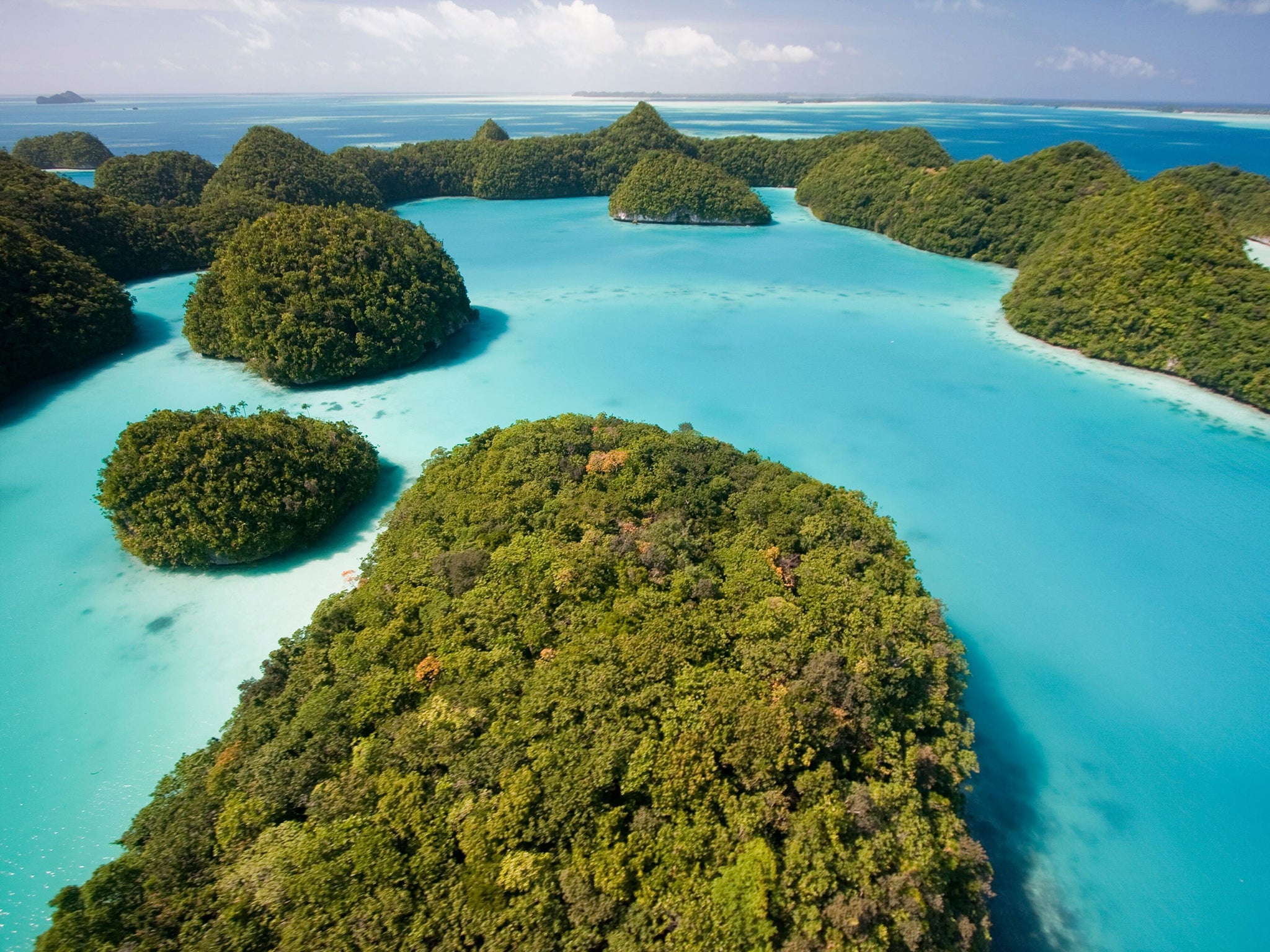 A view of the Palau's Rock Islands as the tiny Pacific island nation of Palau, created one of the world's largest marine sanctuaries, saying it wanted to restore the ocean for future generations. At 500,000 square kilometers (193,000 square miles), the sanctuary is the same size as Spain and covers an underwater wonderland containing 1,300 species of fish and 700 types of coral