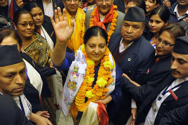 Newly elected president  Bidhya Bhandari celebrates in Kathmandu