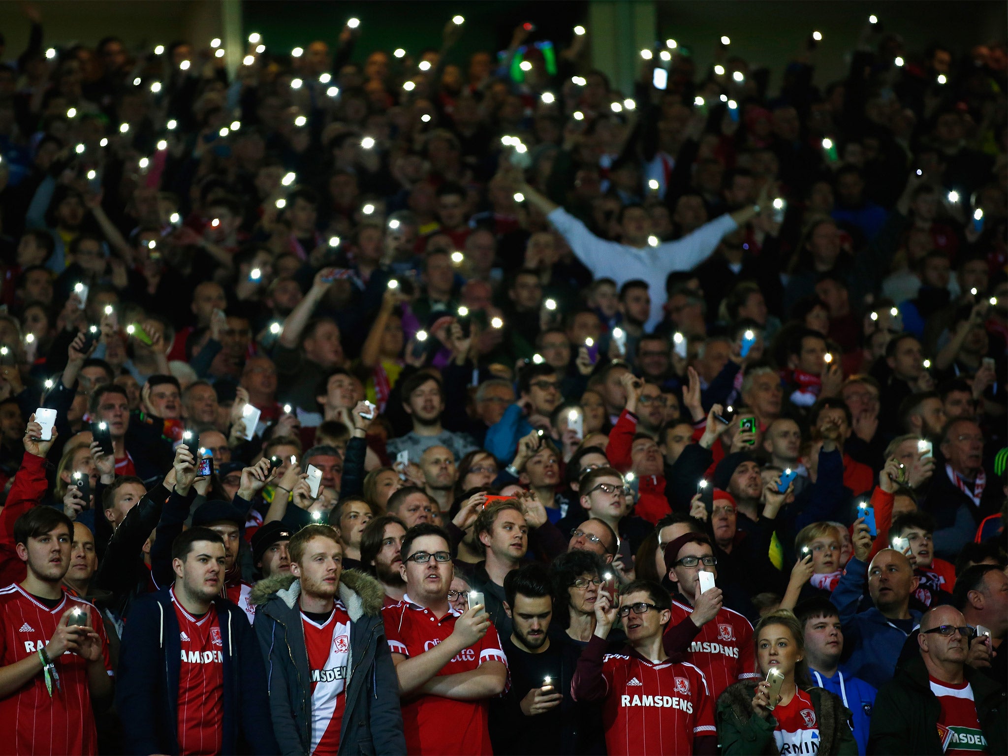 Middlesbrough fans use their mobile phones as ‘torches’ to show solidarity with the steelworkers who have lost their jobs