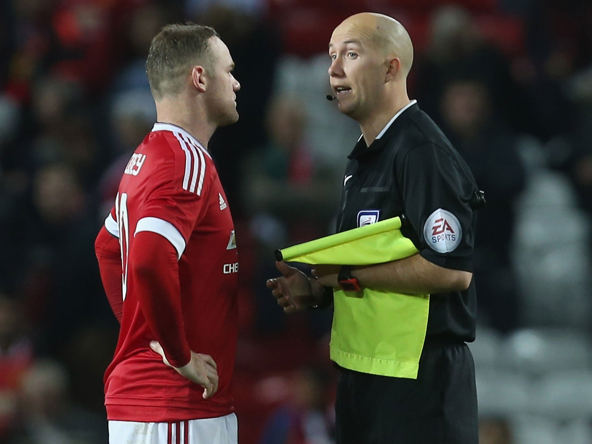 Wayne Rooney remonstrates with the assistant referee following Manchester United's Capital One Cup defeat to Middlesbrough