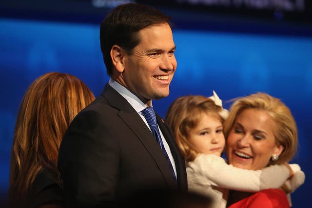 Marco Rubio, pictured on stage with family members, delivered a polished performance in which he took on Jeb Bush