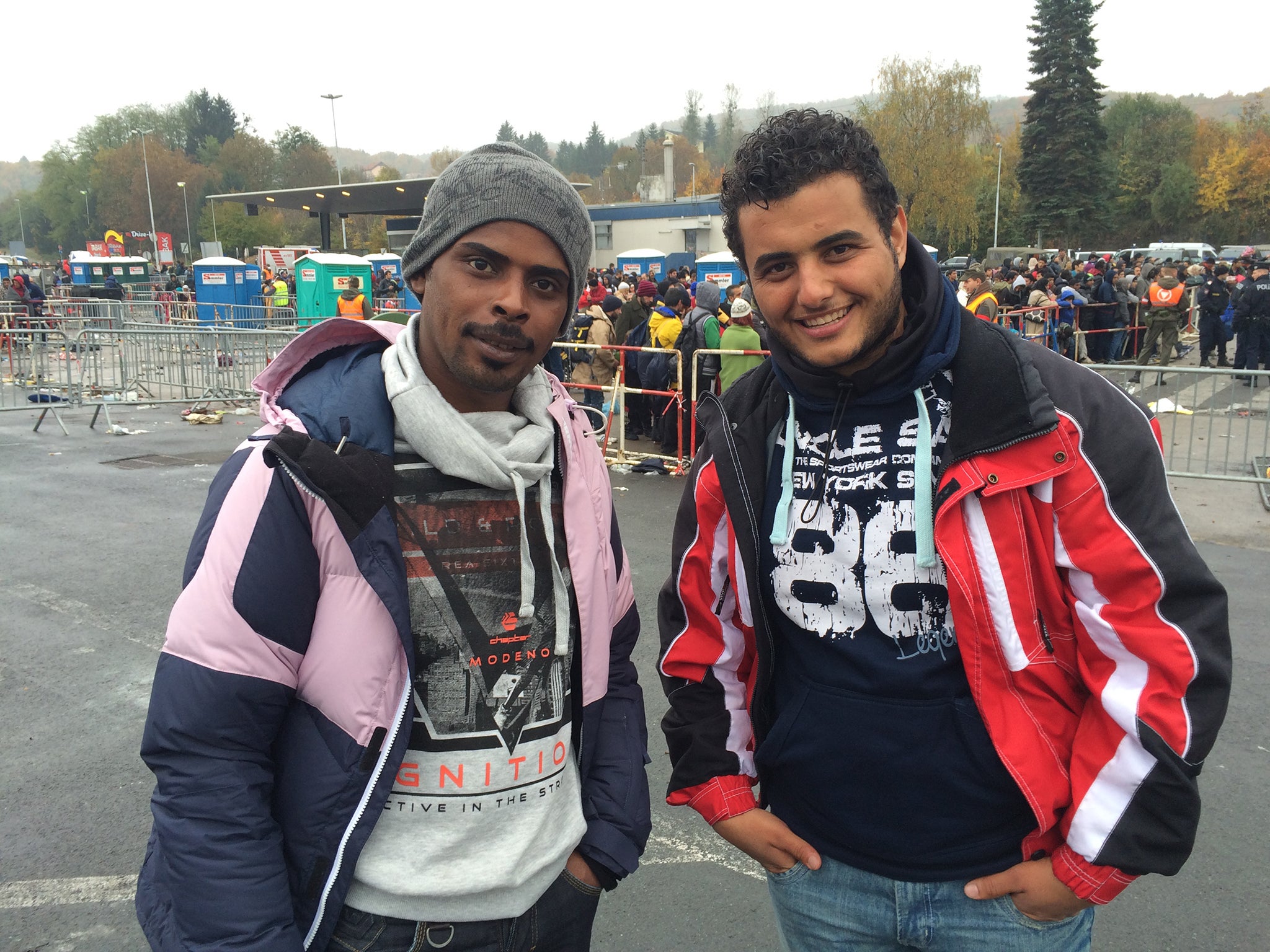 Bashar Al Sadoun (left) standing with his friend and fellow Iraqi Ghassan Al Shammani (right) who travelled with him to the border.