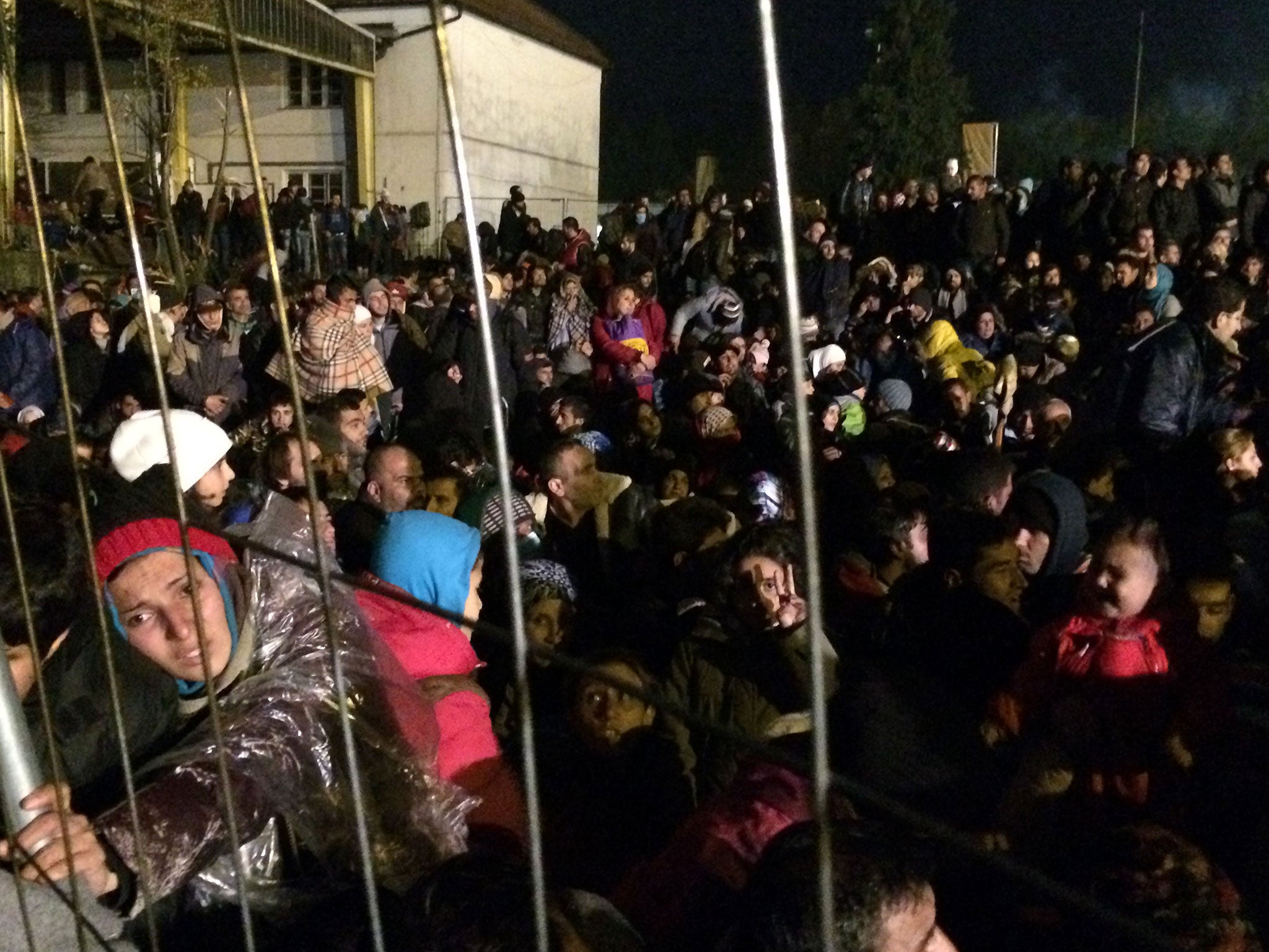 Refugees queuing at the border between Slovenia and Austria in Sentilj