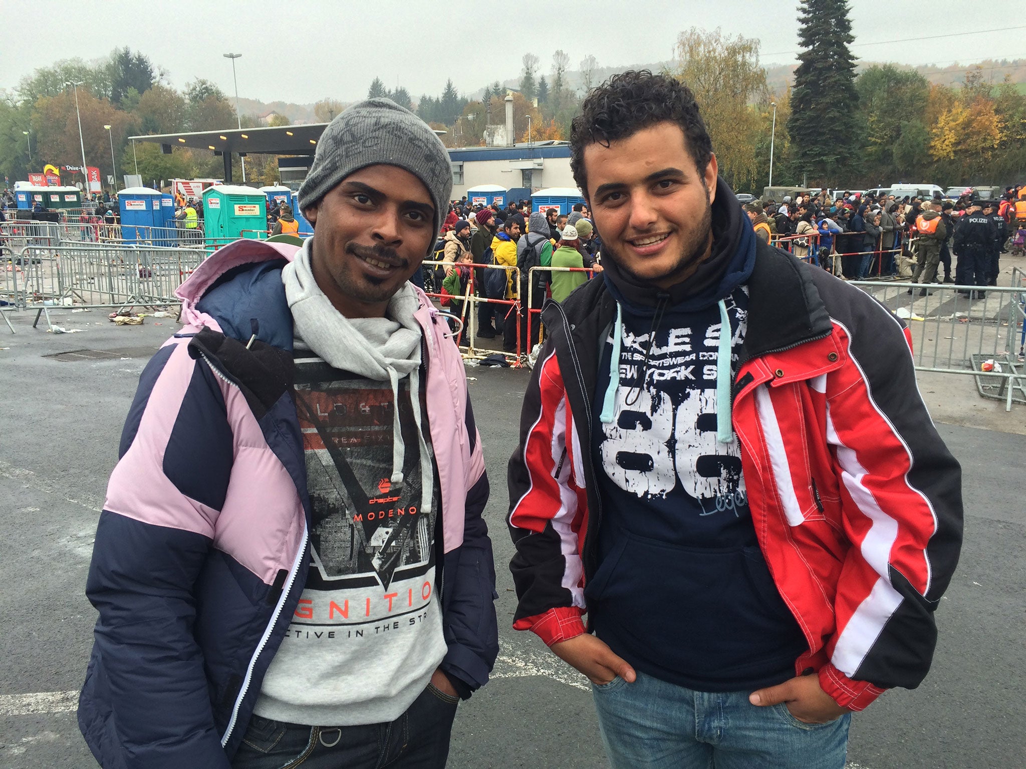 Bashar Al Sadoun (left) standing with his friend and fellow Iraqi Ghassan Al Shammani (right) who travelled with him to the border.