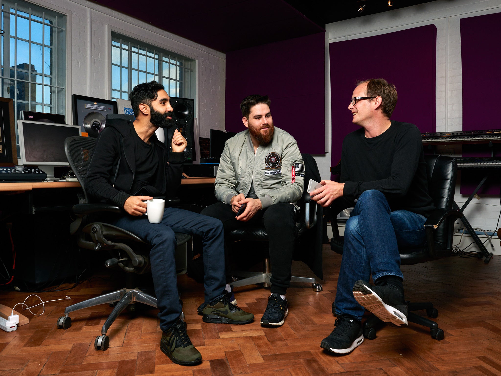 From left: Rudimental’s Amir Amor and Piers Agget with Benji Vaughan of Disciple Media in the band’s Hoxton studio