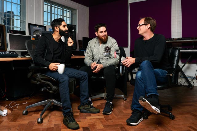 From left: Rudimental’s Amir Amor and Piers Agget with Benji Vaughan of Disciple Media in the band’s Hoxton studio