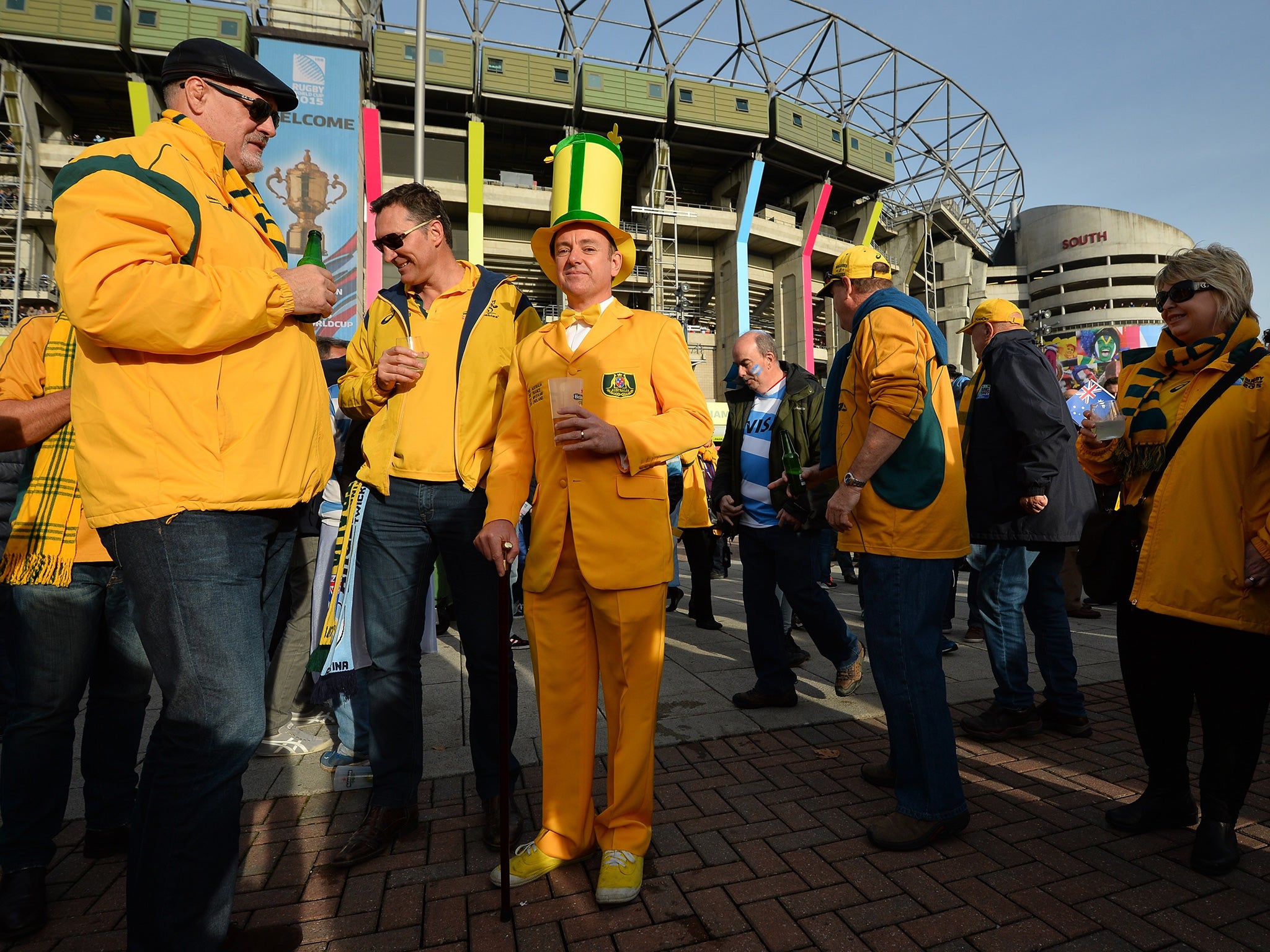 Australia supporters have a drink outside Twickenha prior to the semi-final victory against Argentina