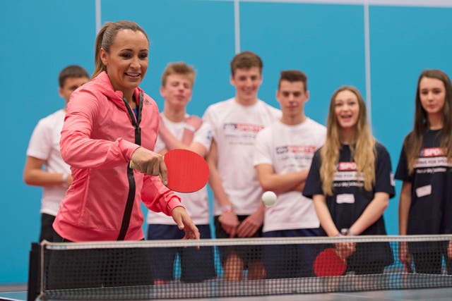 Jessica Ennis-Hill plays table tennis at the Sky Academy Conference Day in Sheffield, an event aimed at involving more youngsters in sport